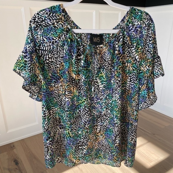 W5 Anthropology Womens Short Sleeve Key Hole Leaf Tribal Print Blouse Sz Large - Picture 1 of 7